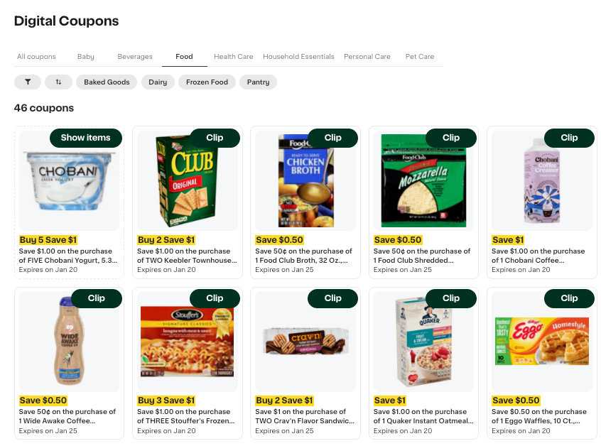 Shows a page with various coupons. Chobani yogurt has a Show items button. The other coupons have a Clip button.